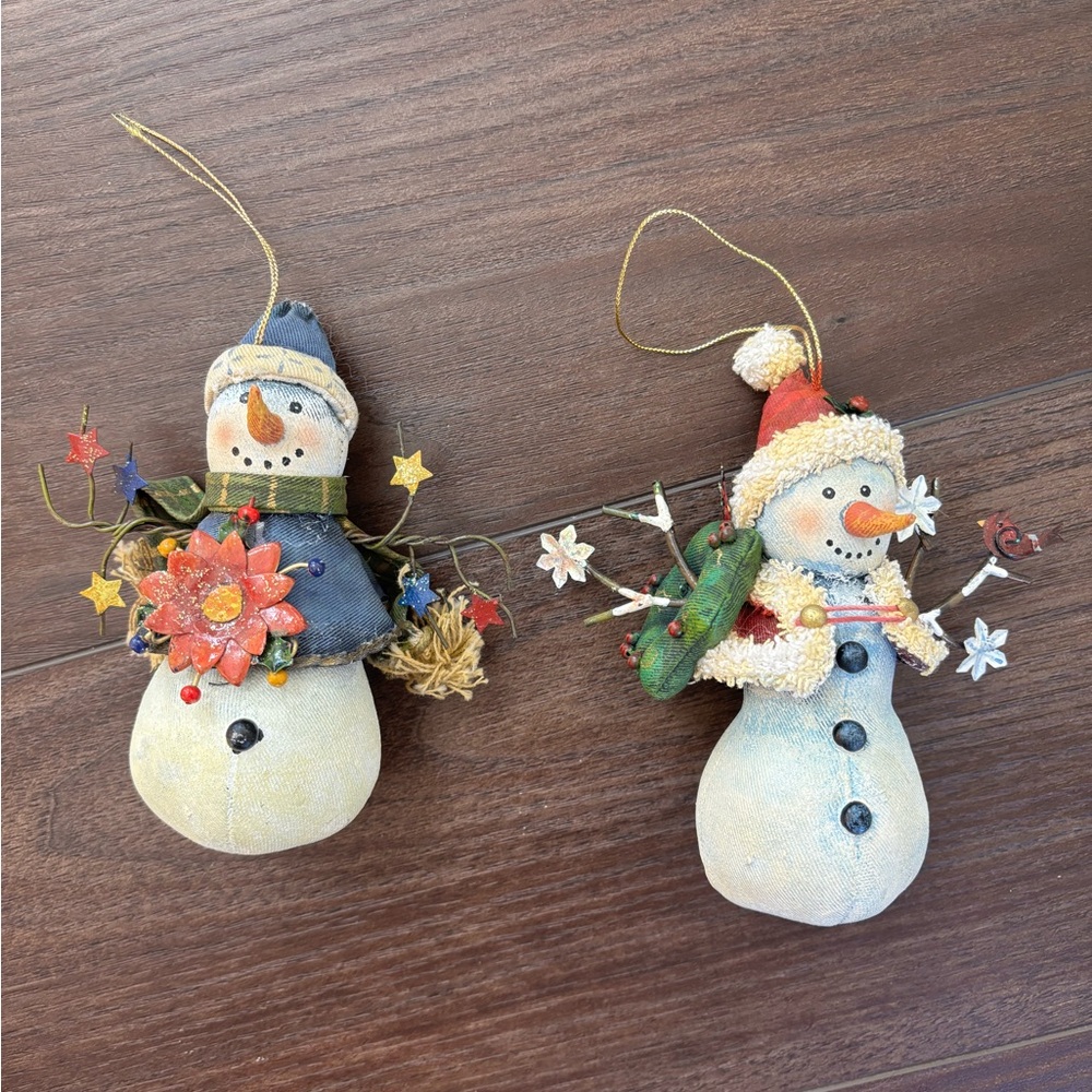 Vintage Snowman Ornament Set Metal Winter Embellished Jean Denim body 1990s